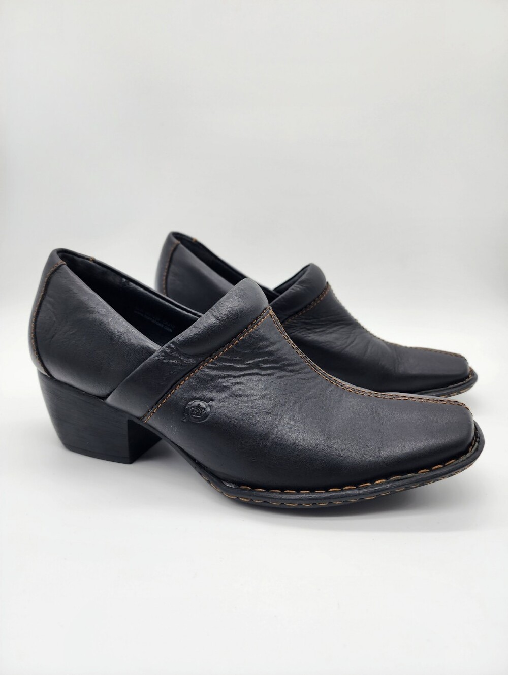 Born Leather Black Sqared Toe Slip On Mules Ankle Shoes Size 7.5